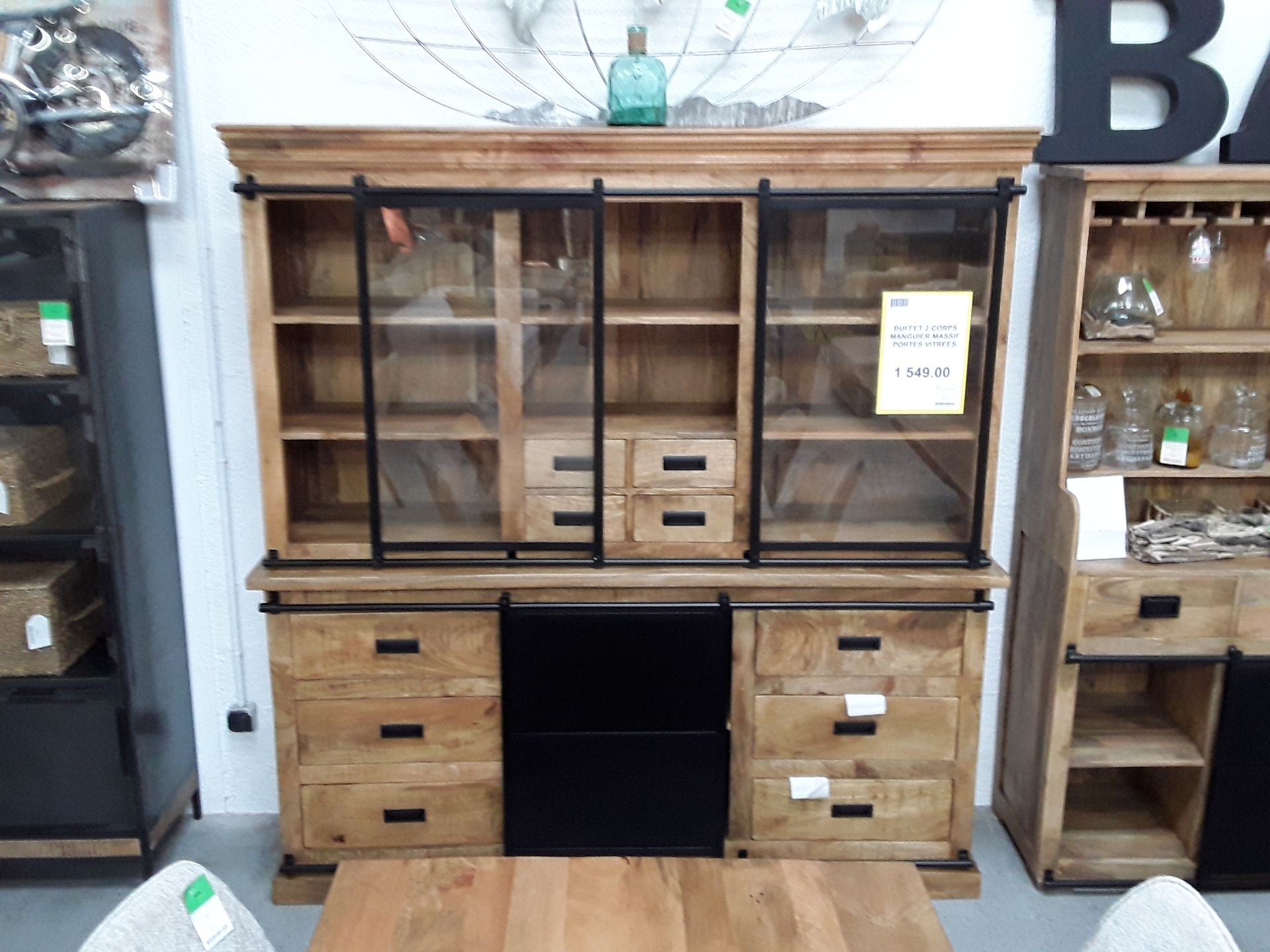 Buffet 2 corps manguier massif portes vitrees / tiroirs 190