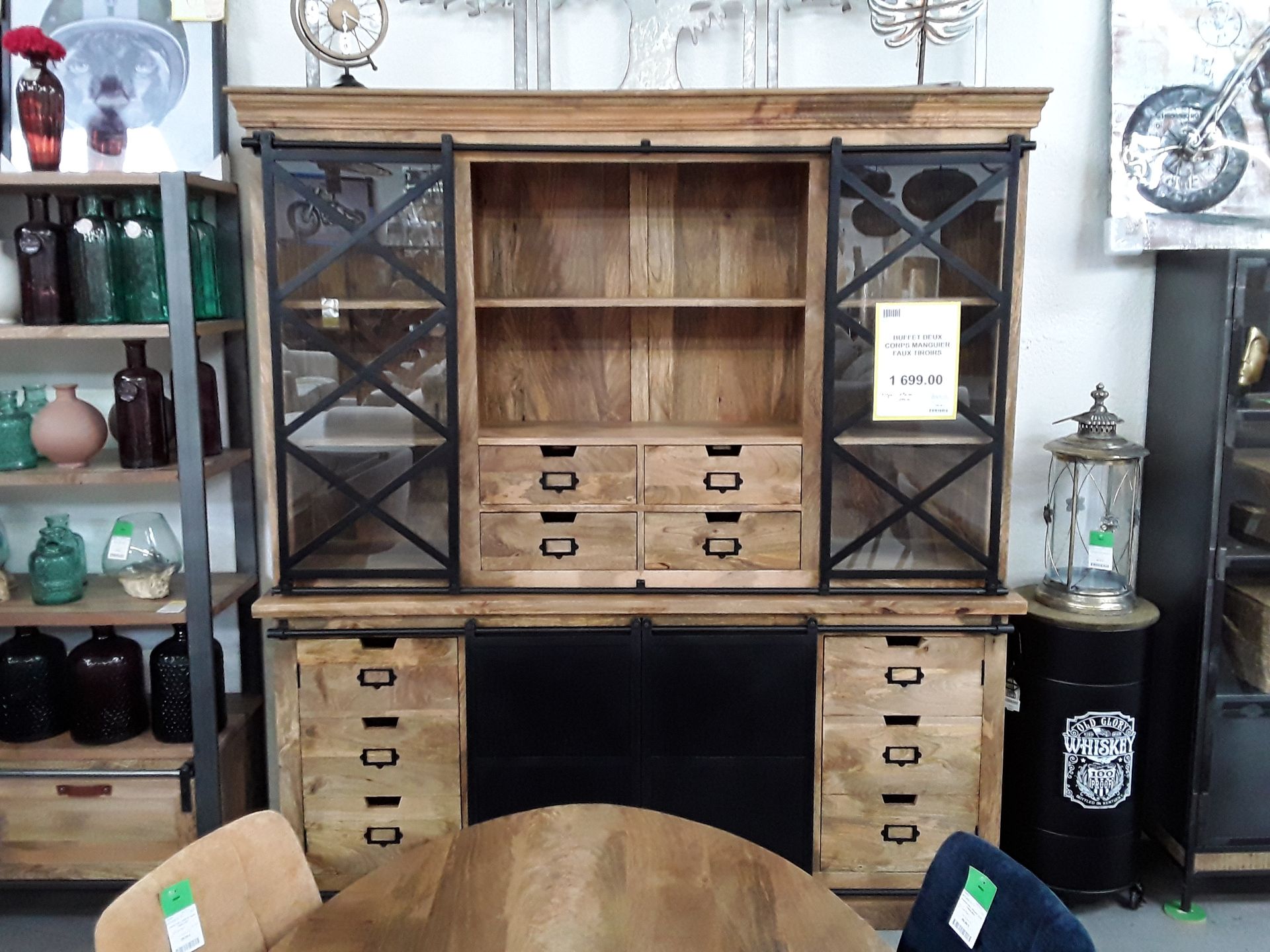 Buffet deux corps manguier faux tiroirs portes 200 *45*220 cm de hauteur